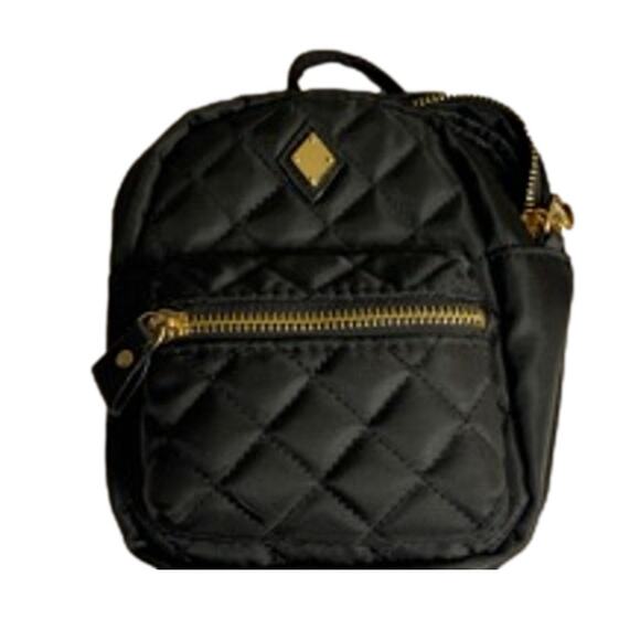 Y2K Streetwear Quilted Mini Backpack Crossbody Bag Black Gold Chain Strap Purse - Picture 3 of 5